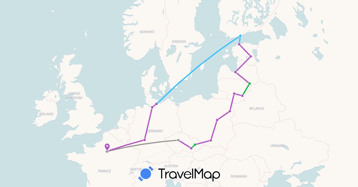 TravelMap itinerary: driving, bus, plane, train, boat in Czech Republic, Germany, Estonia, Finland, France, Lithuania, Latvia, Poland (Europe)